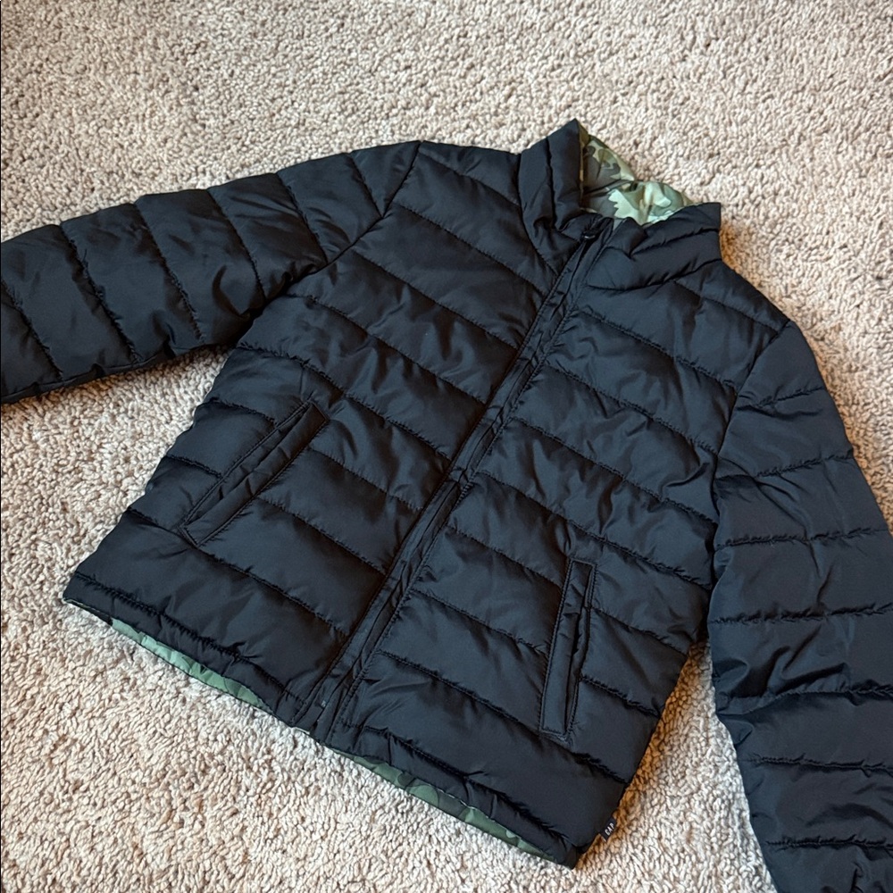GAP Black Kids Reversible Puffer Jacket with Camo Lining